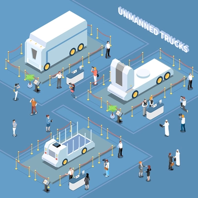 Autonomous car driverless vehicle robotic transport isometric composition with unmanned trucks on automobile exhibition with people vector illustration