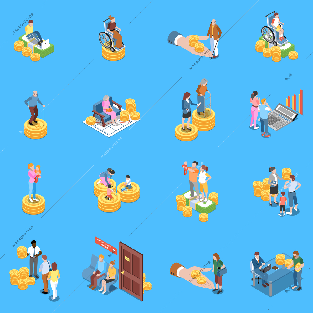 Social security unemployment benefits unconditional income isometric icons collection with isolated human characters and conceptual images vector illustration