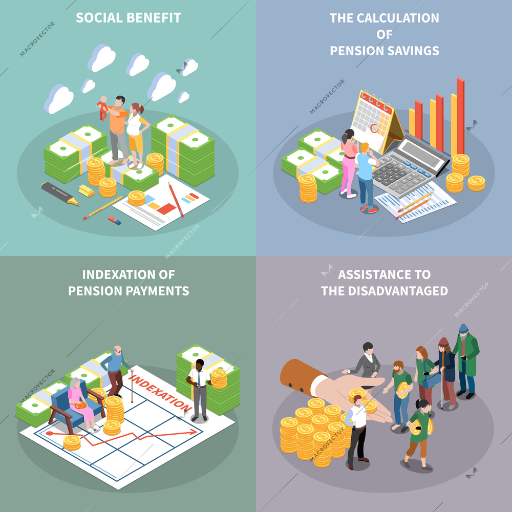 Social security unemployment benefits unconditional income isometric 2x2 design concept with banknote bundles people and text vector illustration