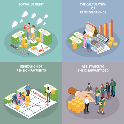 Social security unemployment benefits unconditional income isometric 2x2 design concept with banknote bundles people and text vector illustration