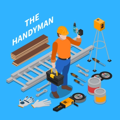 Worker people isometric composition with human character and isolated images of tools and instruments for repair vector illustration