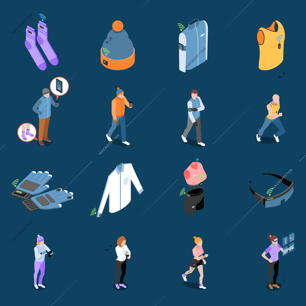 Wearable technology smart clothes isometric icons collection with sixteen isolated images with clothing items and people vector illustration