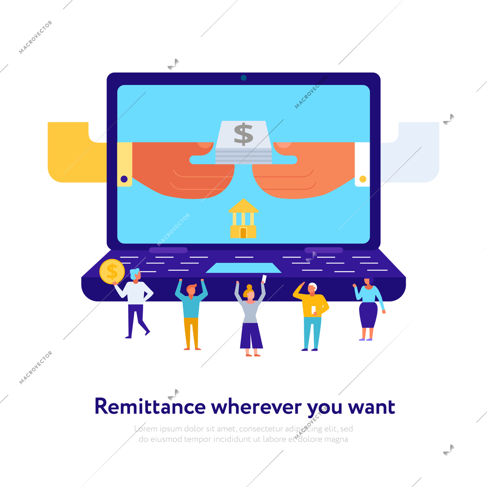 Online payment concept with customers and money order on laptop screen on white background flat vector illustration