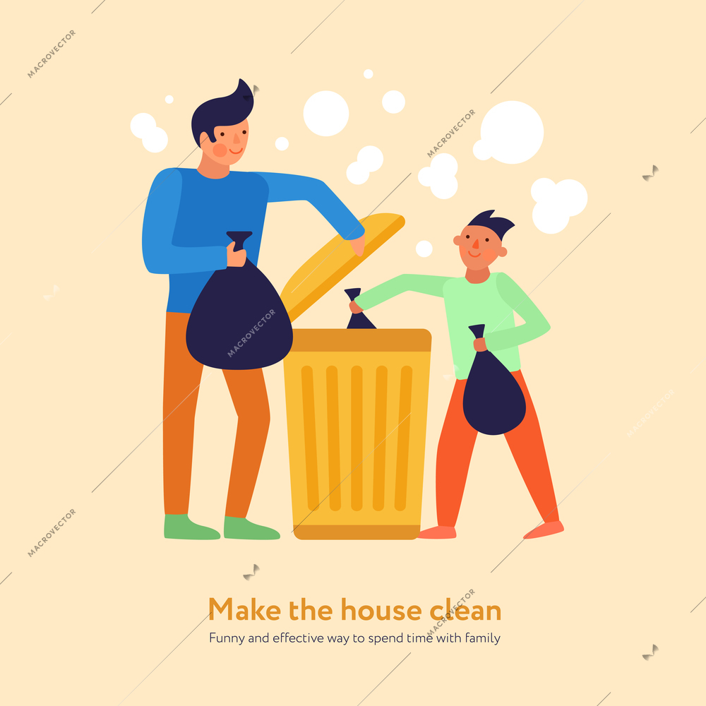 Garbage cleaning son and father with black packets near trash container on light background flat vector illustration