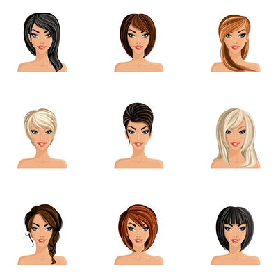 Young woman girl avatars set with haircut styles isolated vector illustration