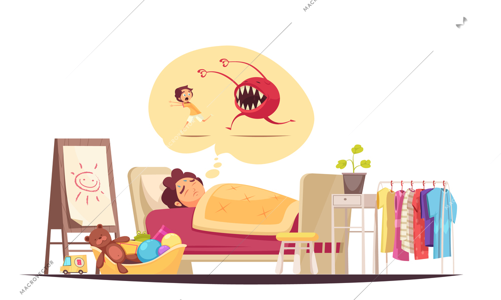 Childhood fears composition with bad dreams and monsters symbols vector illustration