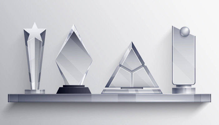 Trophies shelf realistic concept with winner symbols vector illustration