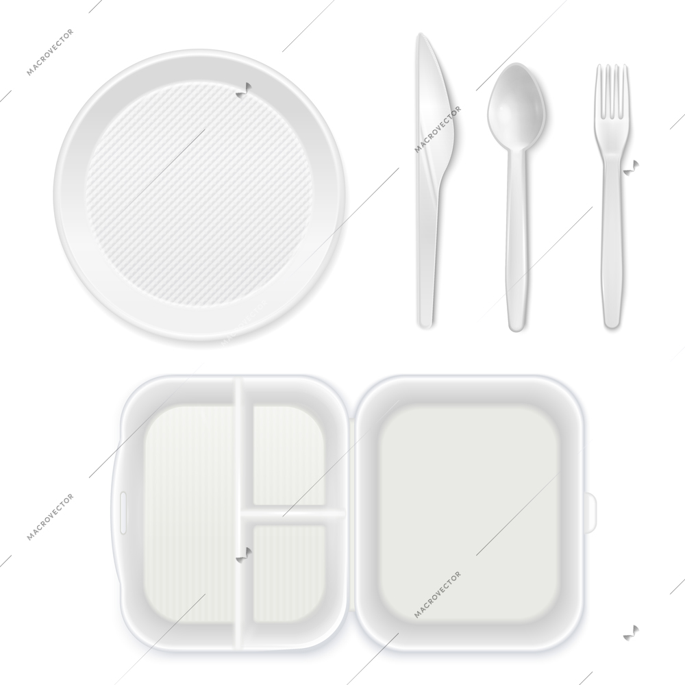 Disposable white plastic plate cutlery knife fork spoon lunchbox top view realistic tableware set isolated vector illustration