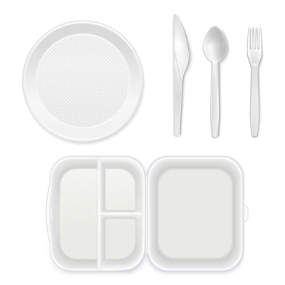 Disposable white plastic plate cutlery knife fork spoon lunchbox top view realistic tableware set isolated vector illustration