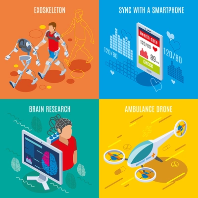 Medicine of the future isometric 2x2 design concept with high technology medical devices tools and appliances vector illustration