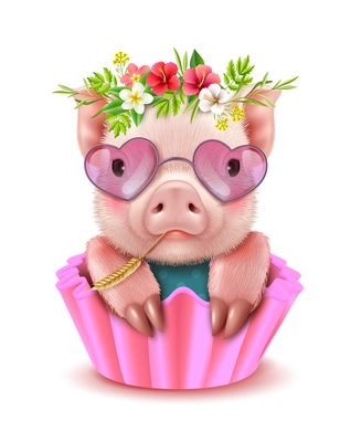 Cute female pig in pink sunglasses in shape of heart and flower wreath on head realistic portrait vector illustration