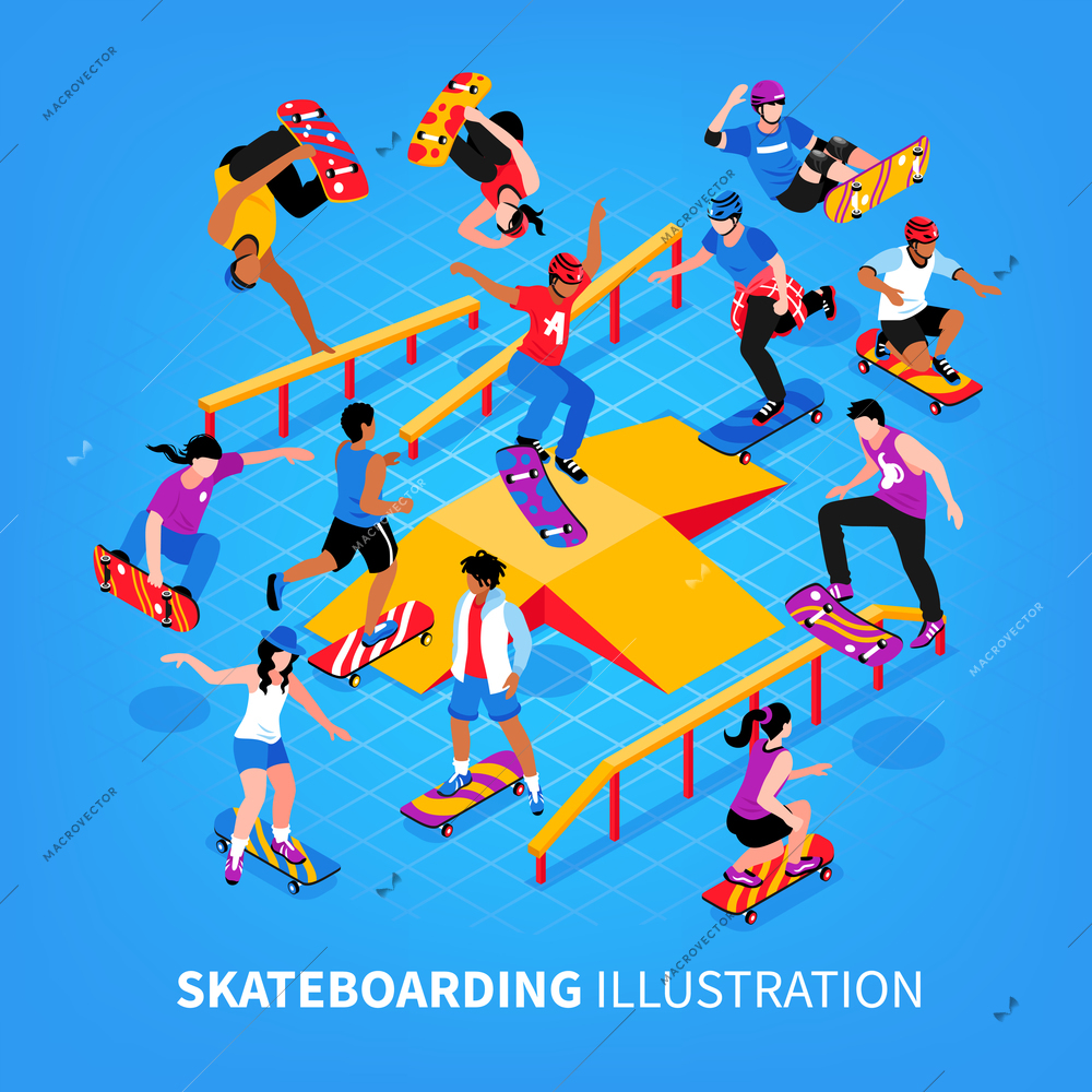 Isometric skateboard background with realistic human characters of skateboarders jumping and riding their longboards performing exercises vector illustration