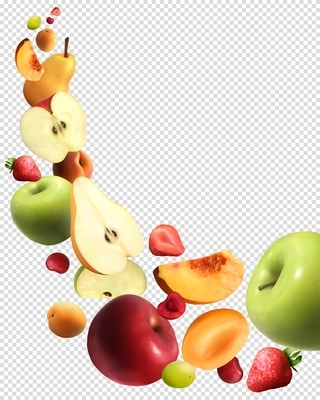 Fruits falling abstract transparent background with whole and sliced organic products set realistic vector illustration