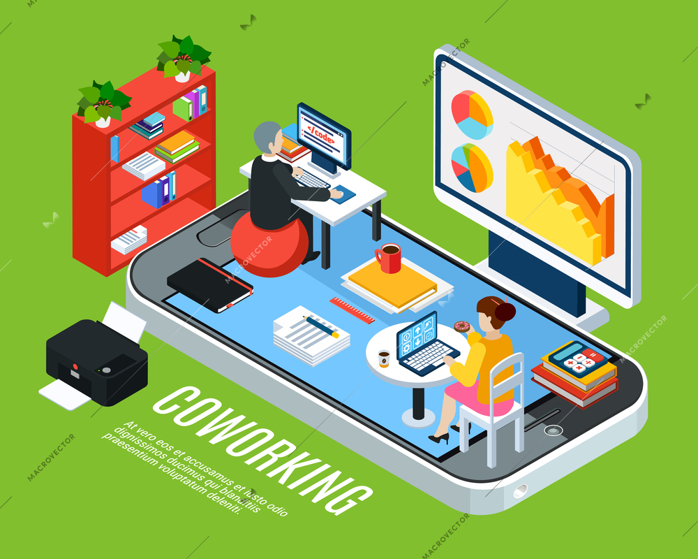 Business people isometric background concept with smartphone icon and coworking office with workspace furniture and clerks vector illustration