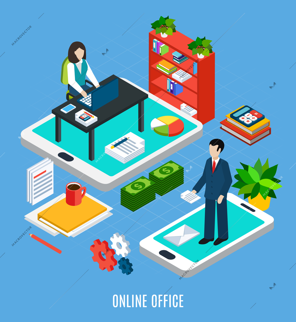 Business people isometric composition with images of office furniture and workers on top of touchscreen gadgets vector illustration