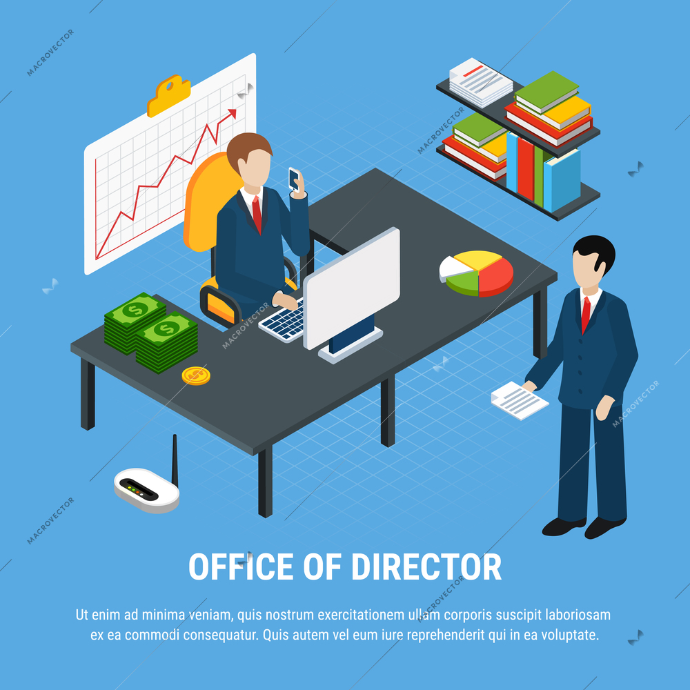 Business people isometric background composition with office interior elements images with top manager and subordinate employee vector illustration