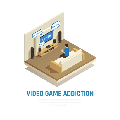 Internet smartphone gadget addiction isometric composition with view of living room with person playing video games vector illustration