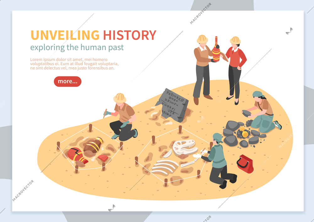 Archaeological exploration of historical artifacts isometric concept of web banner on white background  vector illustration