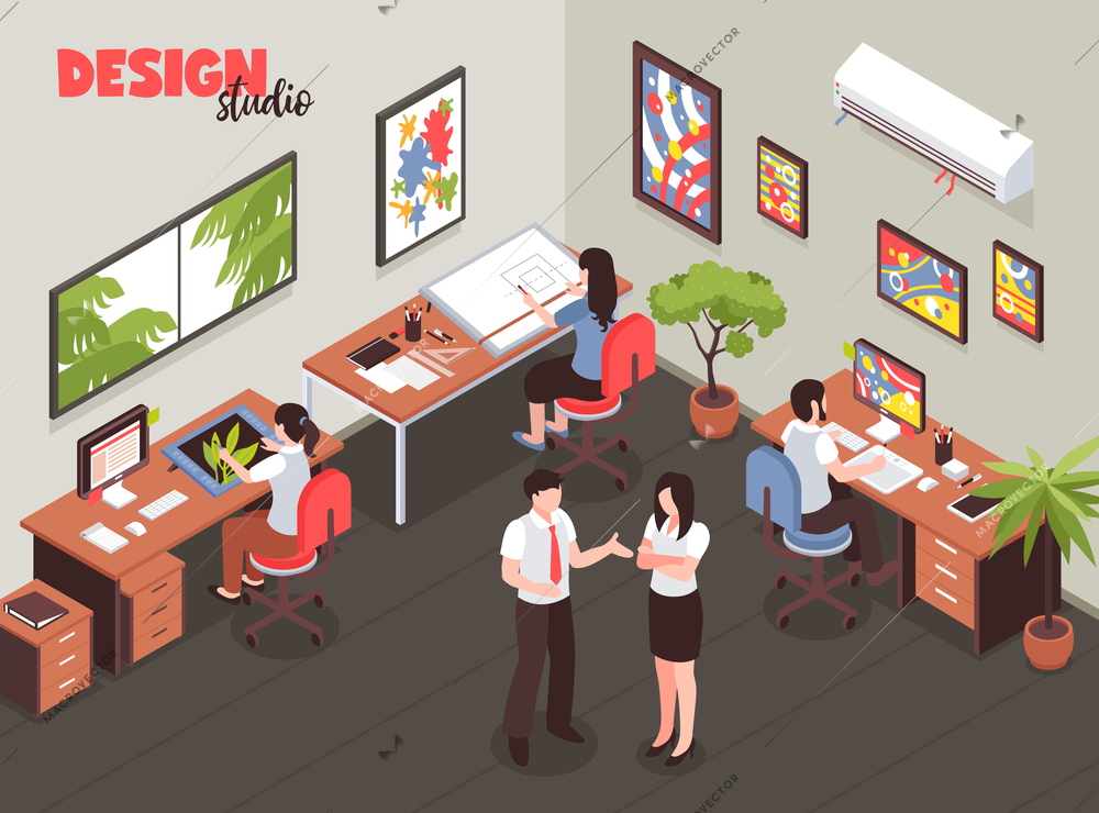 Design studio with leadership and artists during creative process at work place isometric vector illustration