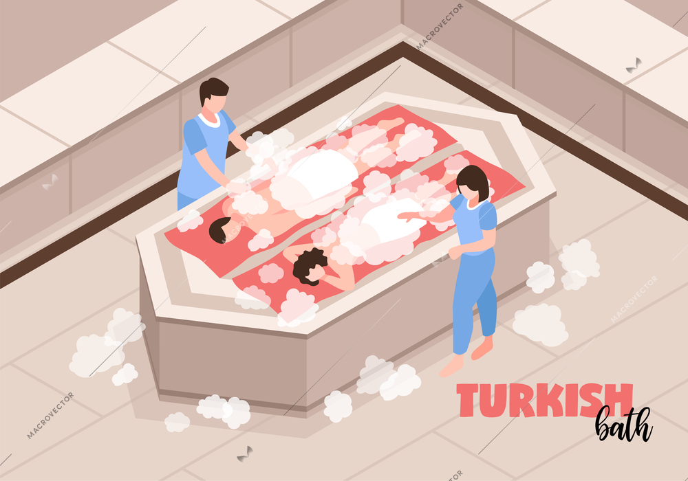 Staff of turkish bath during service of visitors lying on marble bench isometric vector illustration