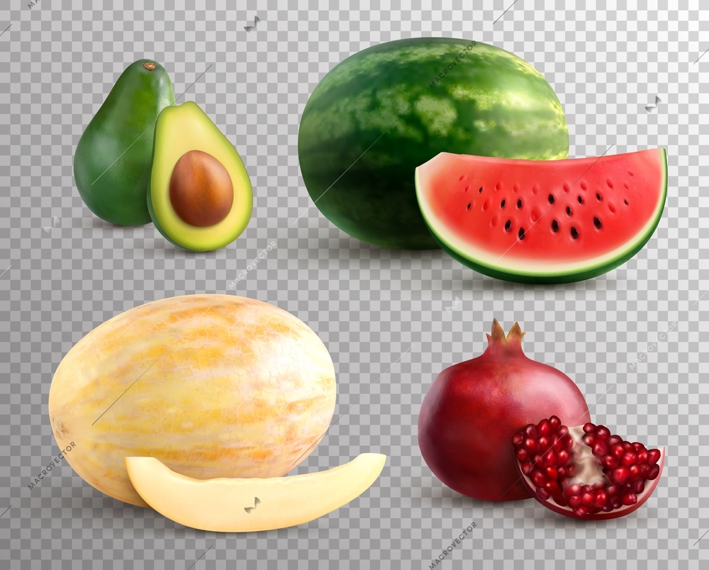 Realistic fruits set with ripe melon watermelon avocado and pomegranate isolated on transparent background vector illustration