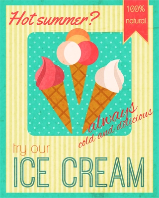 Cold and delicious sweet dessert cafe restaurant retro poster vector illustration