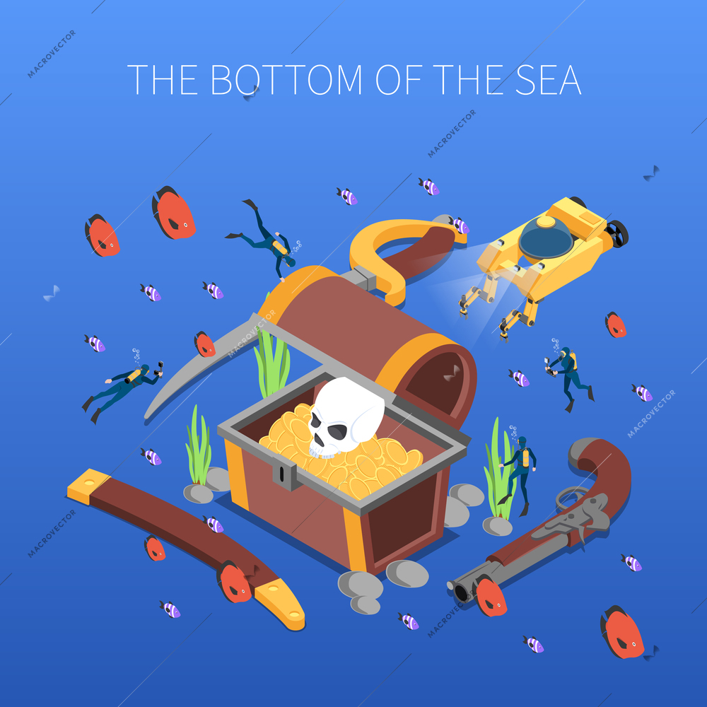 Divers during study of treasure of sea bottom isometric composition on blue background vector illustration