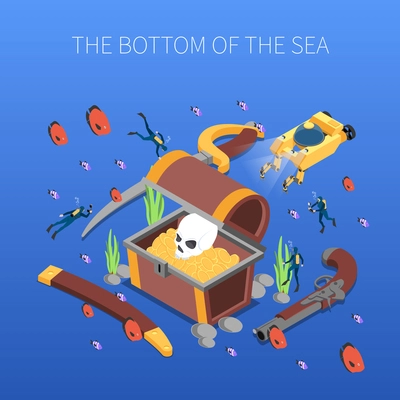 Divers during study of treasure of sea bottom isometric composition on blue background vector illustration