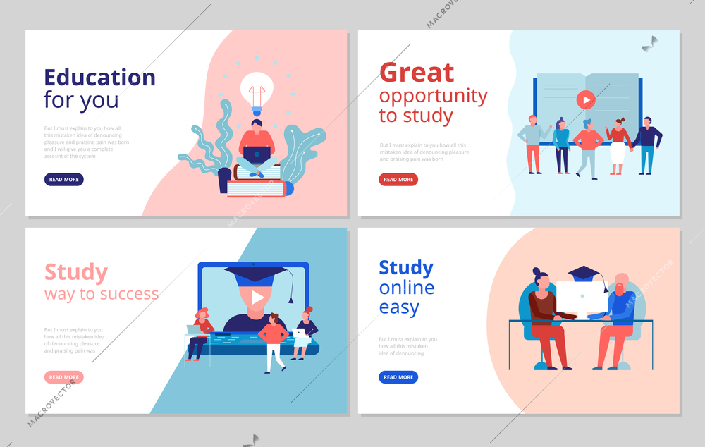 Online education 4 flat concept banners web page design with certified training university college courses vector illustration