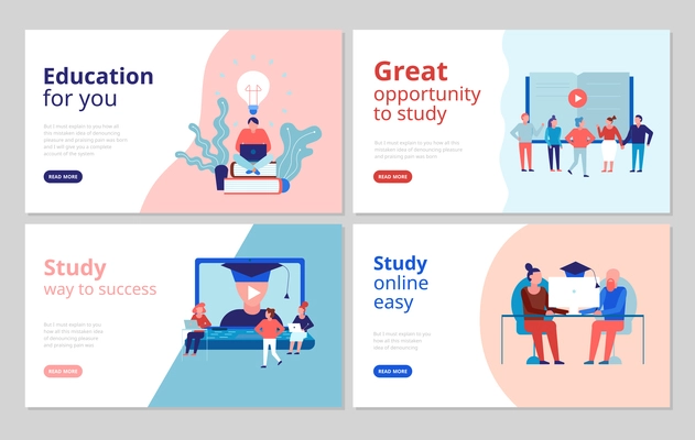 Online education 4 flat concept banners web page design with certified training university college courses vector illustration