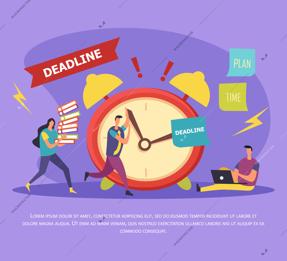 Work in deadline flat composition with stressed human characters near alarm clock on lilac background vector illustration