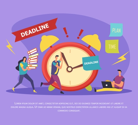 Work in deadline flat composition with stressed human characters near alarm clock on lilac background vector illustration