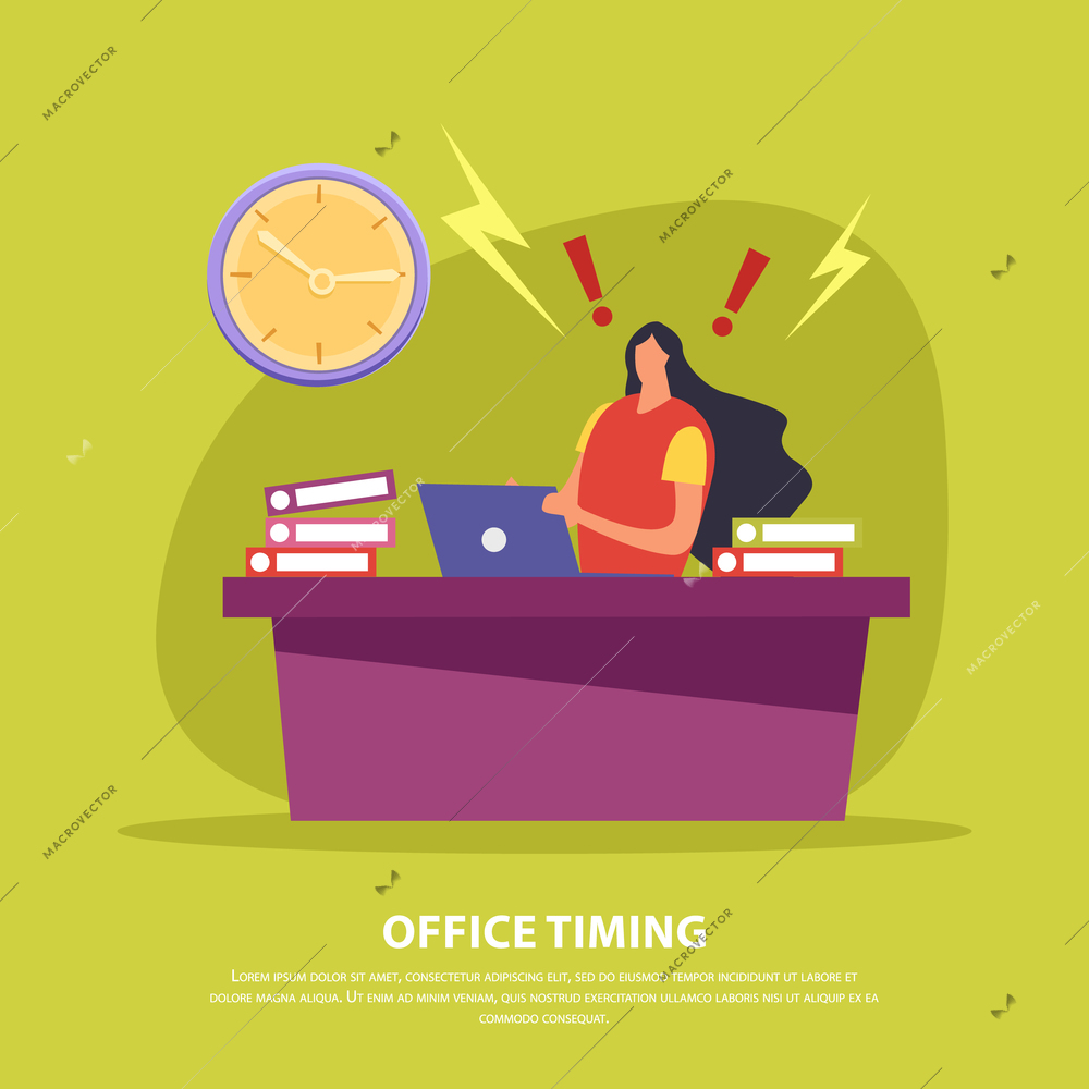 Office employee during hard work in deadline on green background flat vector illustration