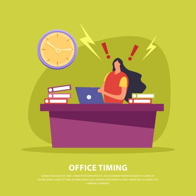 Office employee during hard work in deadline on green background flat vector illustration