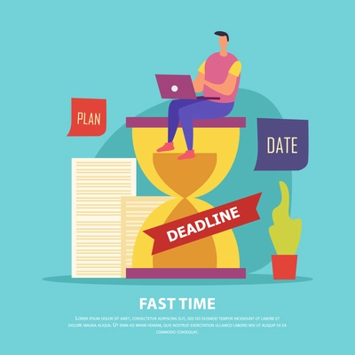 Fast time composition man on hourglass with laptop during work in deadline blue background flat vector illustration