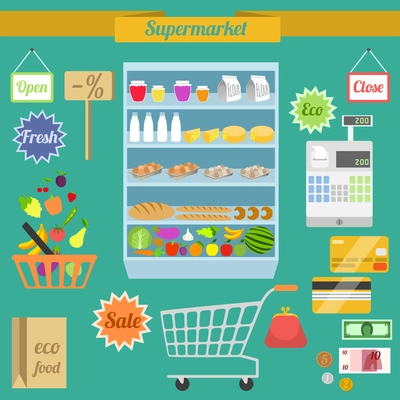 Supermarket flat elements with shelf shopping cart money purse vector illustration