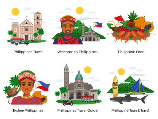 Philippines set of travel compositions with architecture food national dress and wild life isolated vector illustration