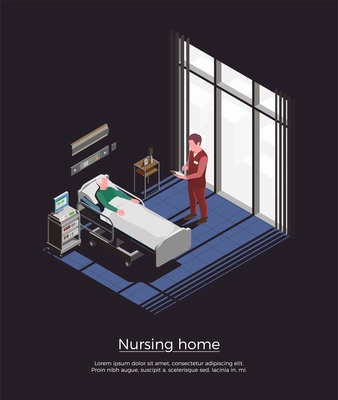 Nursing home isometric background with personal visiting elderly patient lying in bed vector illustration