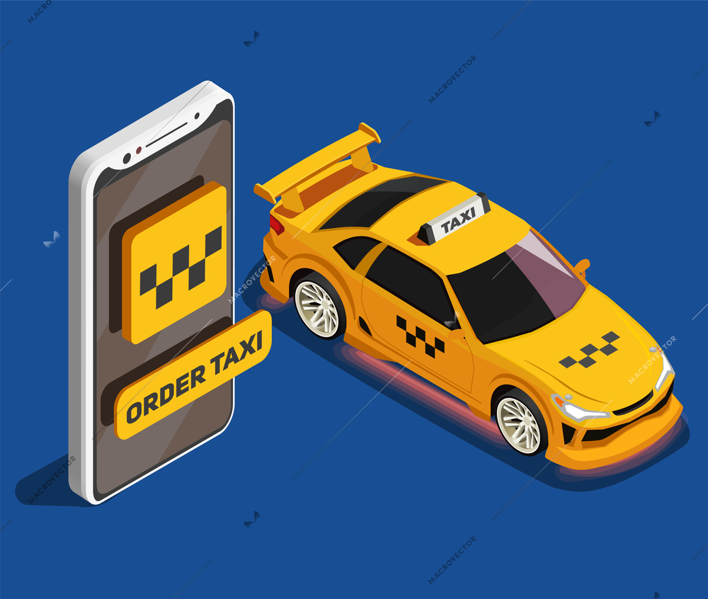 Order taxi isometric poster with yellow taxi car and big image of modern smartphone with mobile app taxi service vector illustration