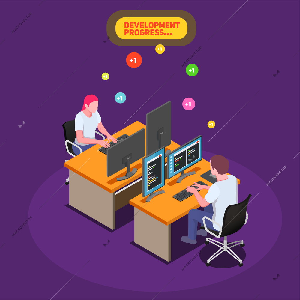 Game development isometric background with male and female developers at their workplace and looking on pc screen with program code vector illustration