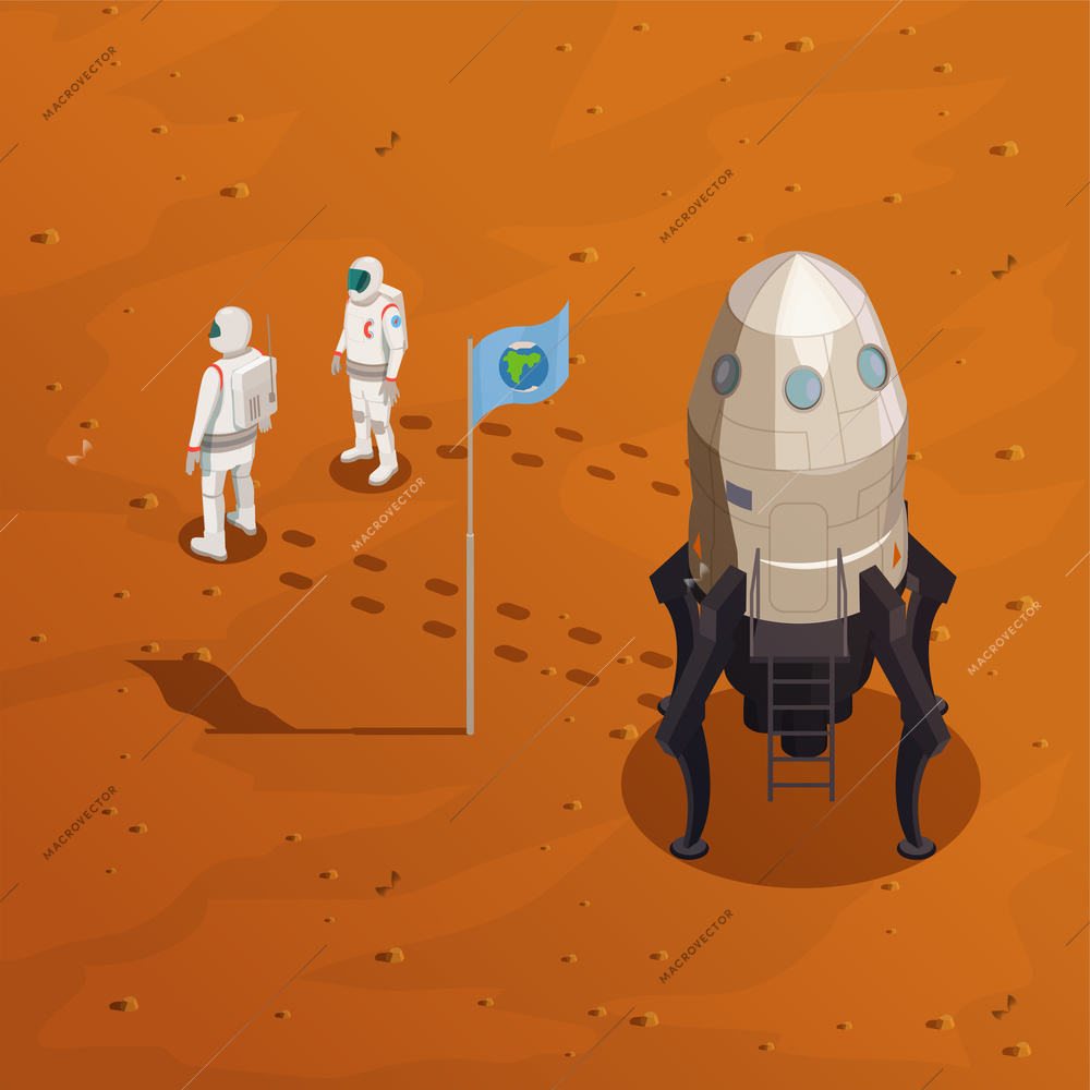 Mars exploration design concept with two astronauts in spacesuit walking on surface of red planet vector illustration