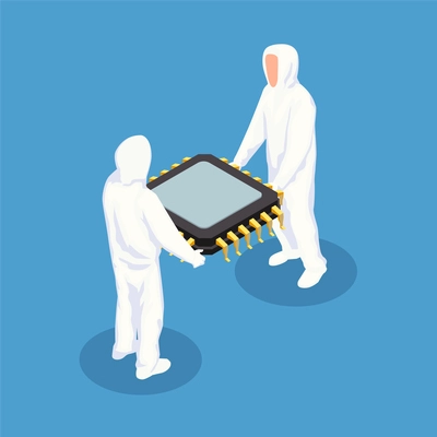 Semiconductor isometric design concept with two men in white protective clothing holding big processor unit vector illustration