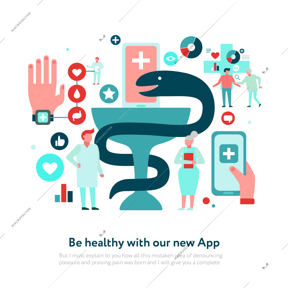 Digital medicine snake with bowl and set of medical icons on white background flat vector illustration