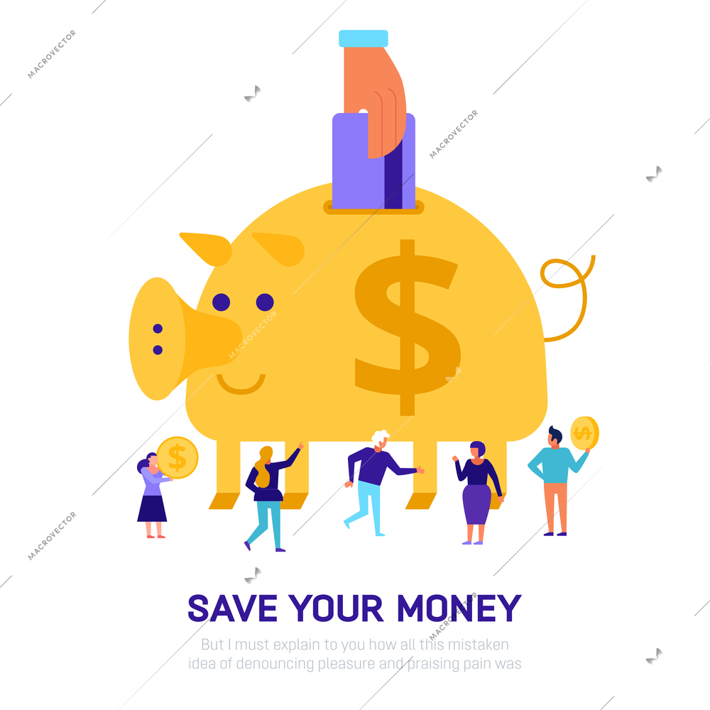 Money savings concept with payment card electronic piggy bank and customers on white background flat vector illustration