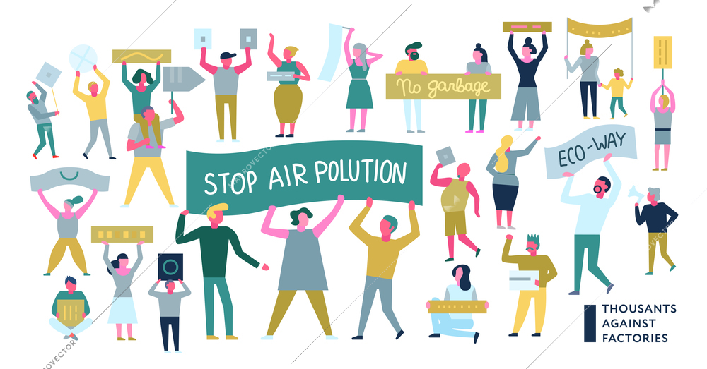 People protesting with demands on placards during ecological action isolated on white background flat vector illustration