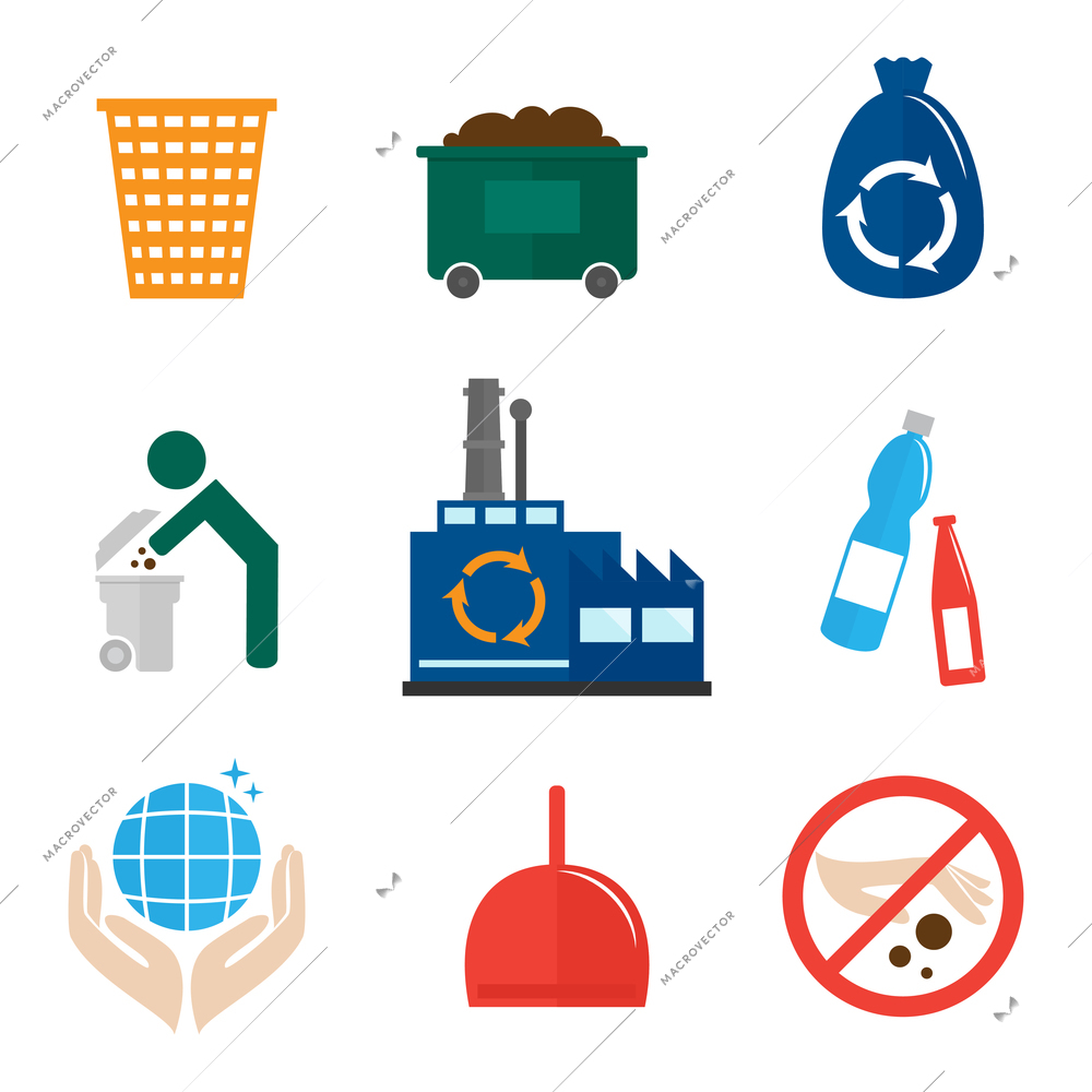 Garbage recycling icons flat set of waste bin dumpster hygienic bag isolated vector illustration.