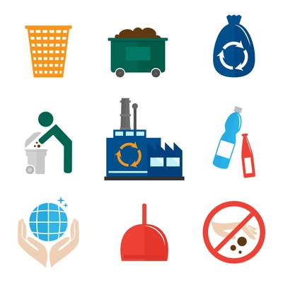 Garbage recycling icons flat set of waste bin dumpster hygienic bag isolated vector illustration.