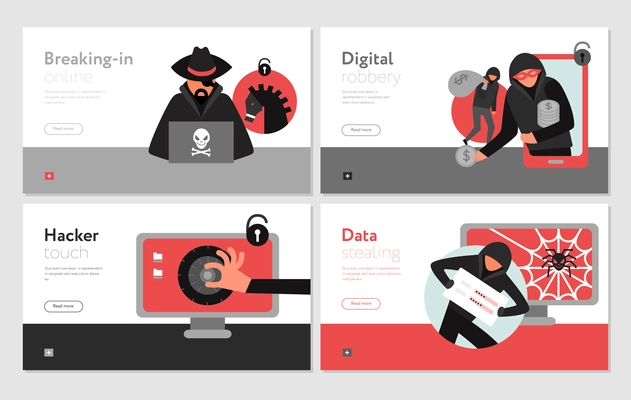 Hacker activity set of horizontal banners breaking of computer systems digital robbery data stealing isolated vector illustration