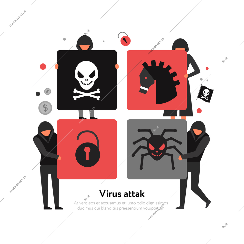 Hackers and threats of computer security on square puzzle elements white background flat vector illustration