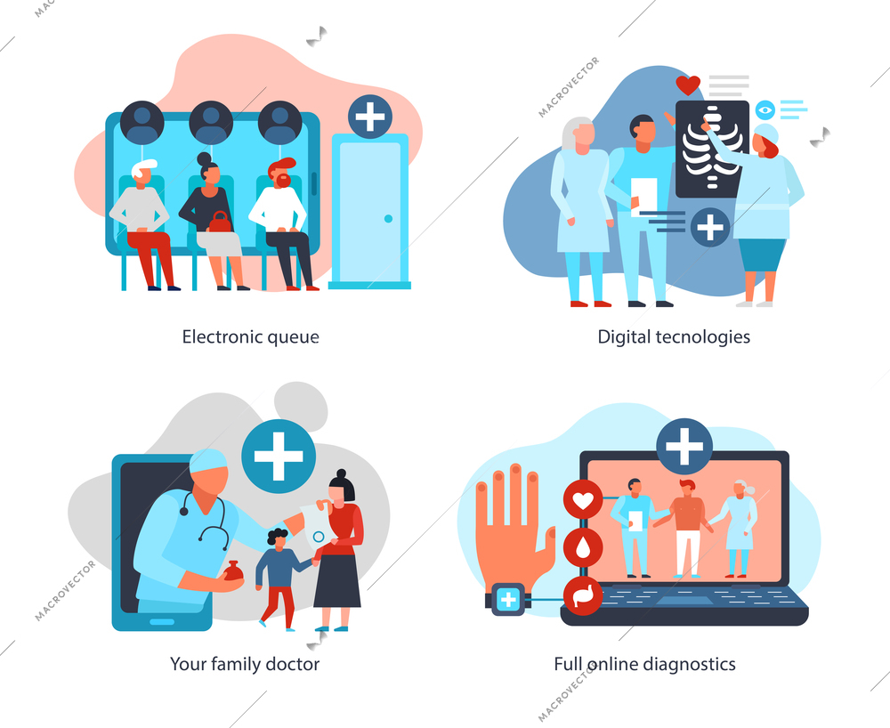 Digital medicine design concept with electronic technologies family doctor and online diagnostics isolated vector illustration